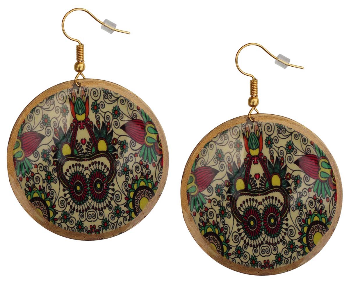 2.5” Pair of Round Hook Earrings in Brass -Colorful Ethic Motif Pattern - Drop Earrings / Women Fashion Jewelry - Buy in Bulk Wholesale